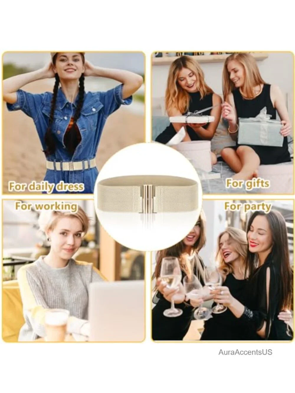 Wide Elastic Stretch Waist Belt with Gold Buckle - 3 Pack